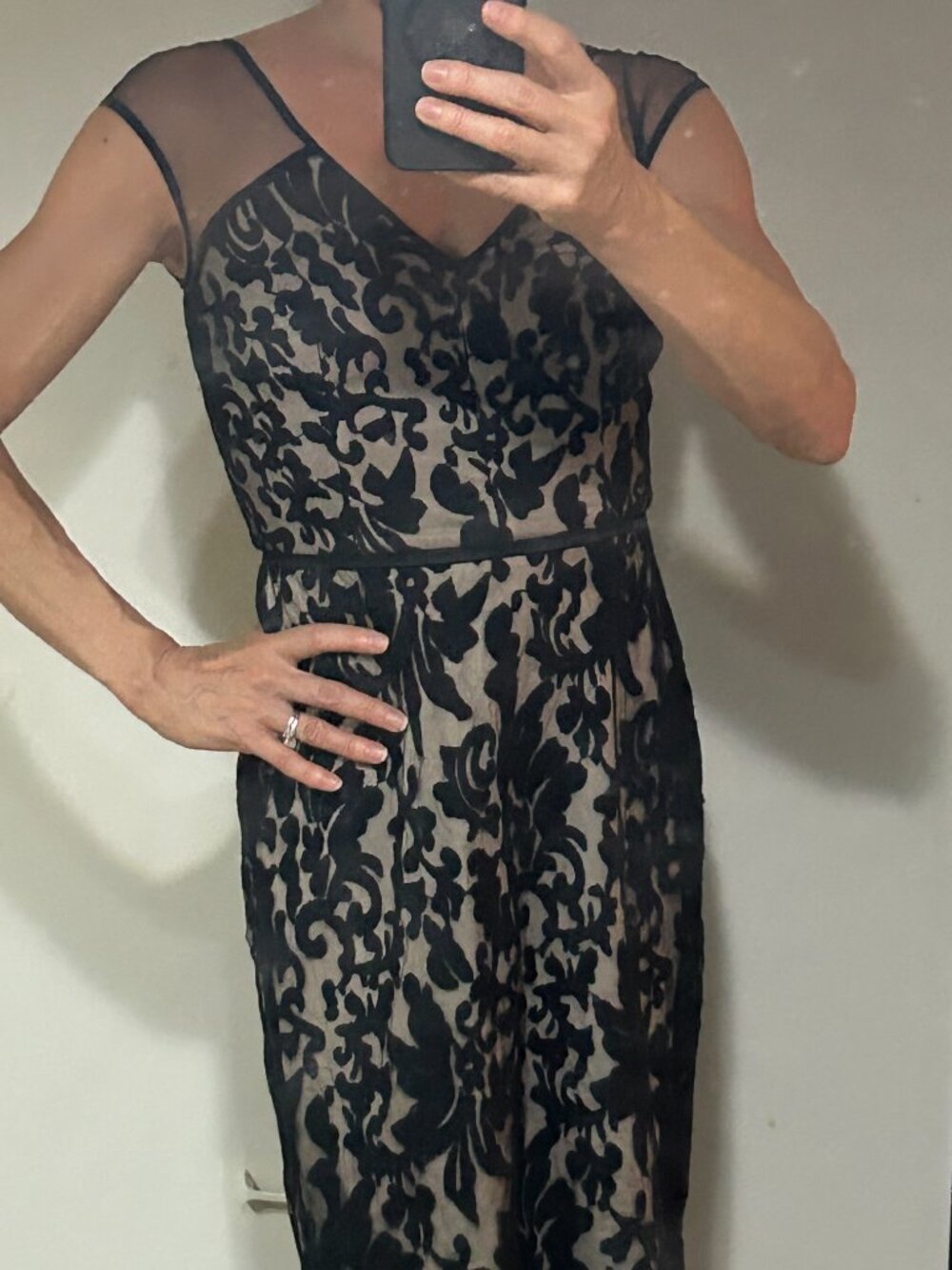 Maggy London Black Lace Overlay Midi Dress with Nude Underlay